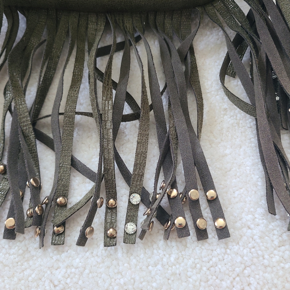 LIKE NEW CACHE Olive Green Faux Suede Crossbody with Studded Gem Detail & Fringe - Picture 3 of 10